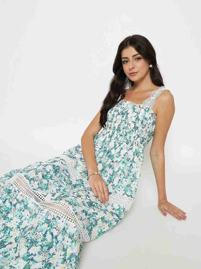 Laced Floral Print White Midi Dress