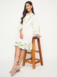 Floral Embroidered Fit and Flare White Mini Dress