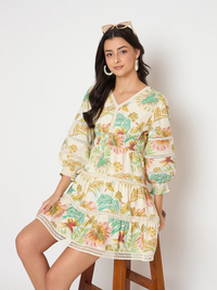 Floral Print Tiered Off White Mini Dress