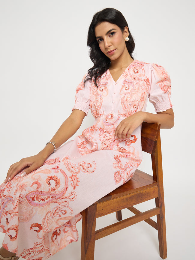 Paisley Print Peach Midi A Line Dress