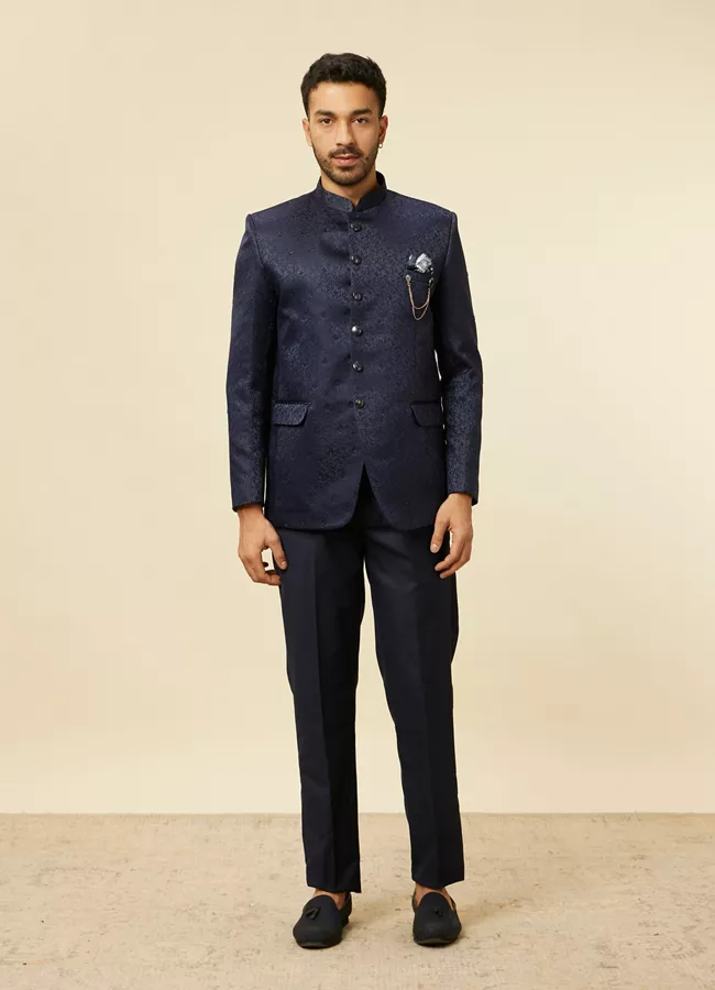 Dark Blue Bel Buti Patterned Jodhpuri Suit for men