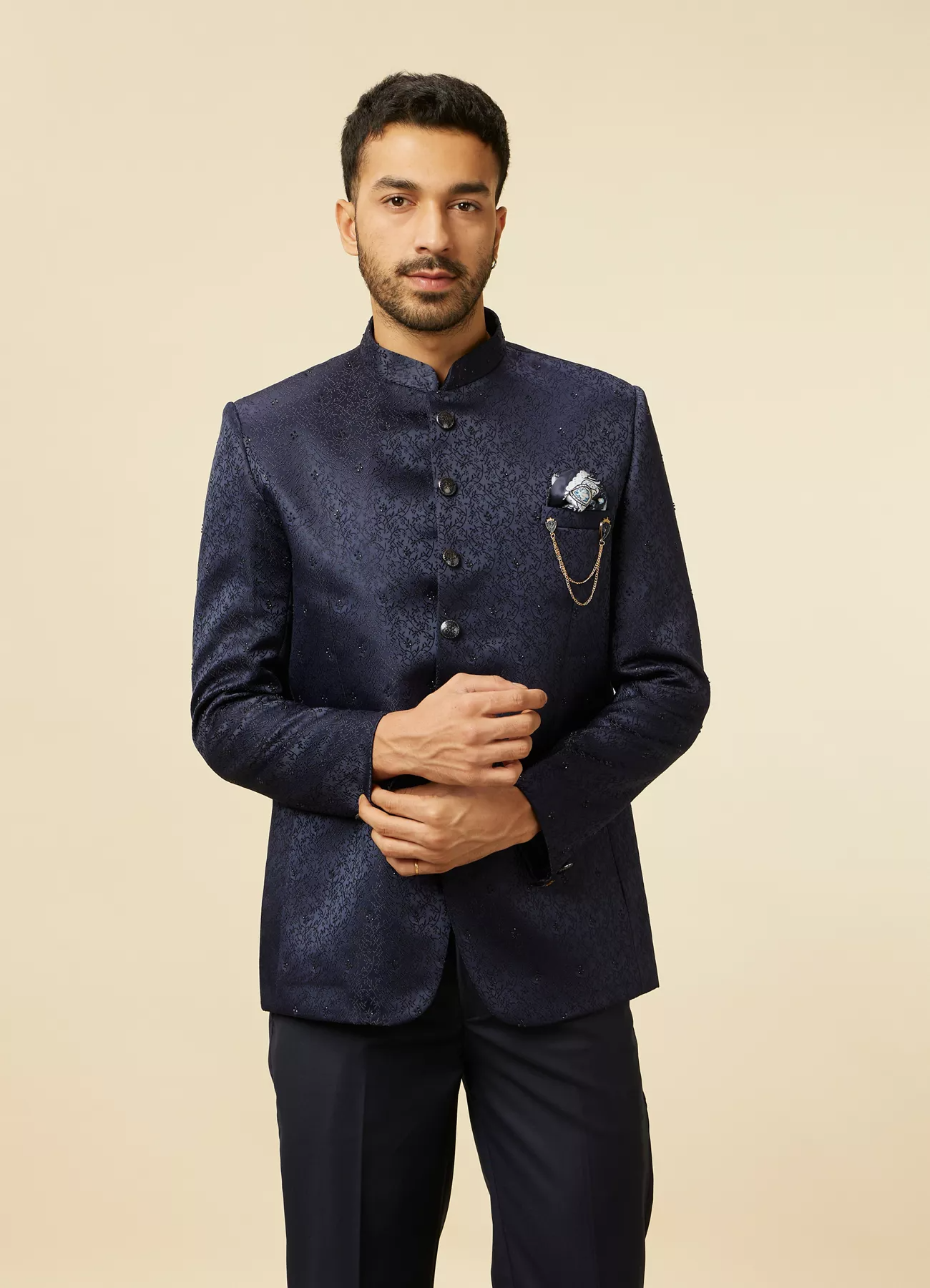 Dark Blue Bel Buti Patterned Jodhpuri Suit for men