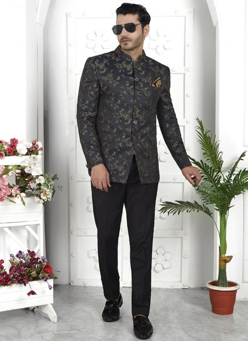 Black Imported Jaquard Silk Party Wear Pattern Pc Work Readymade Mens Jacket
