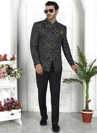 Black Imported Jaquard Silk Party Wear Pattern Pc Work Readymade Mens Jacket