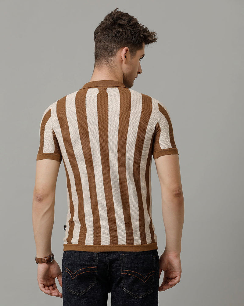 Identiti Brown Half Sleeve Striped Slim Fit Cotton Casual Polo T-Shirt For Men.