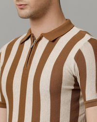 Identiti Brown Half Sleeve Striped Slim Fit Cotton Casual Polo T-Shirt For Men.