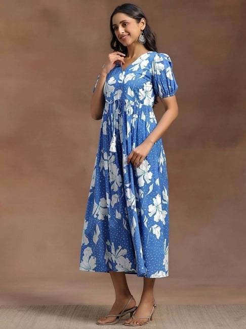 Libas Blue Cotton Fit And Flare Floral Print Dress Libas