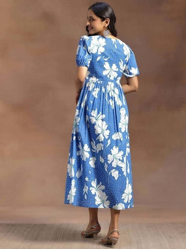 Libas Blue Cotton Fit And Flare Floral Print Dress Libas