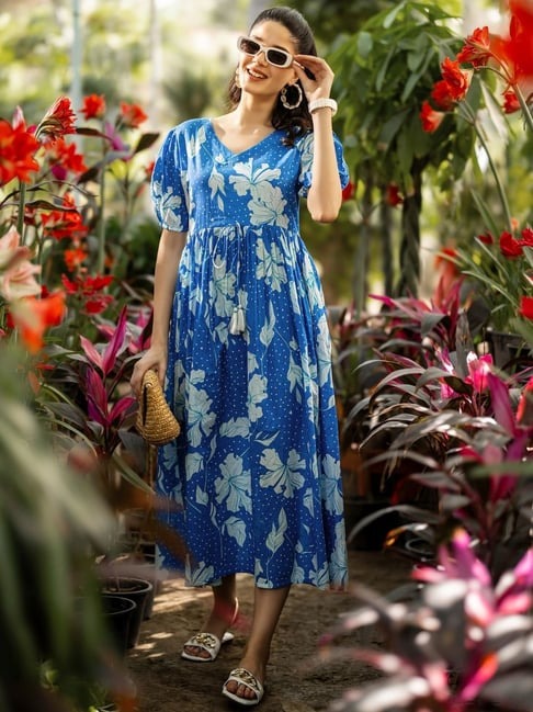 Libas Blue Cotton Fit And Flare Floral Print Dress Libas