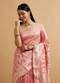 Pink Floral Leaf Patterned Saree with Diamond Motifs