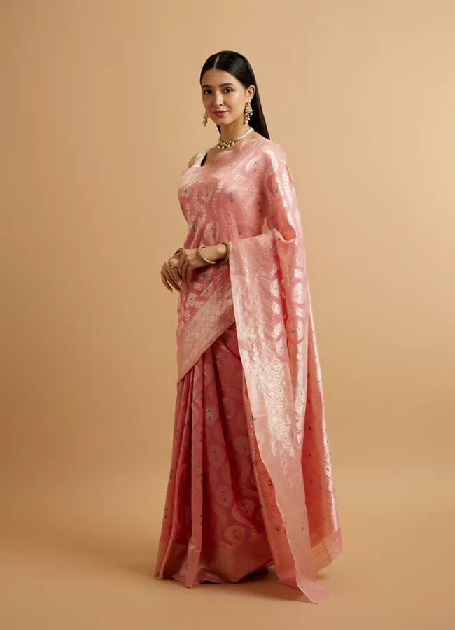 Pink Floral Leaf Patterned Saree with Diamond Motifs