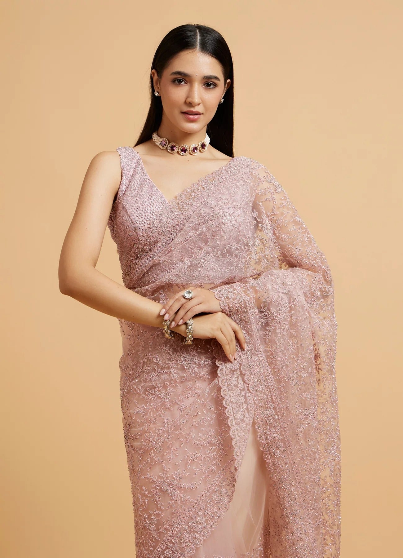 Dusty Pink Floral Jaal Embroidered Saree with Rhinestone Work