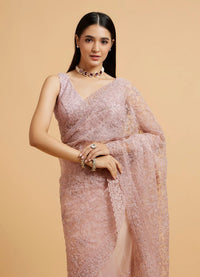 Dusty Pink Floral Jaal Embroidered Saree with Rhinestone Work