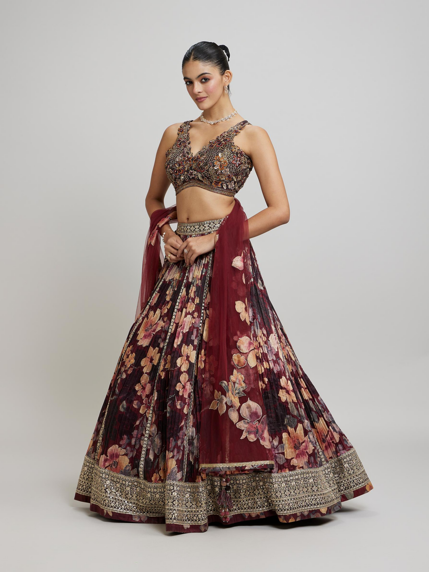 Elegant Maroon Net Lehenga
