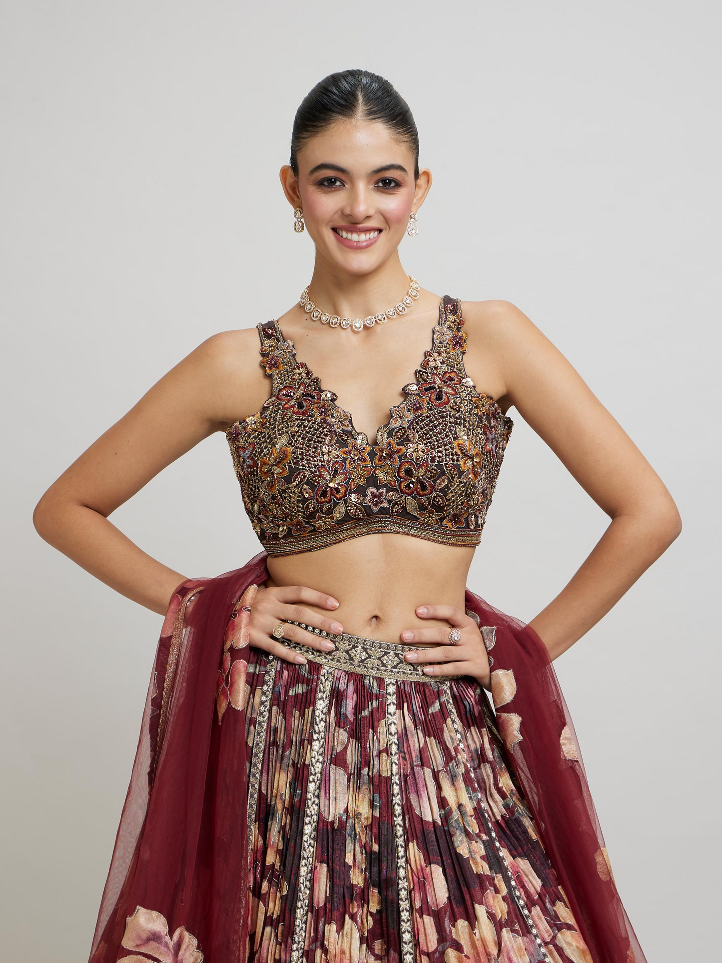 Elegant Maroon Net Lehenga