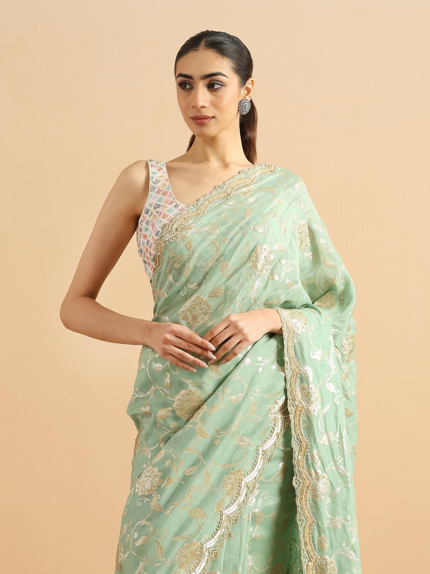 Whispering Pista Green Organza Saree