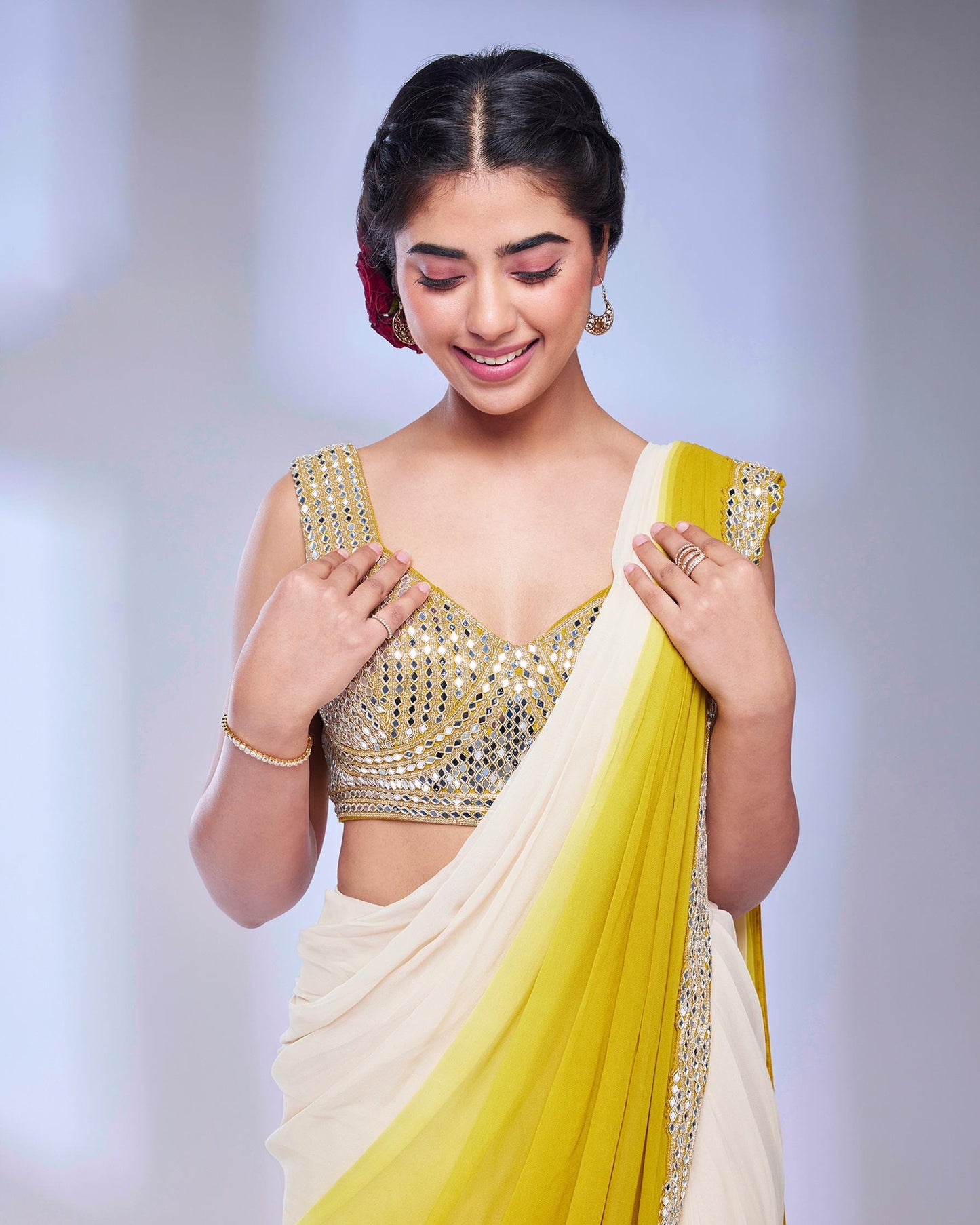 Radiant Mustard & Cream Georgette Saree