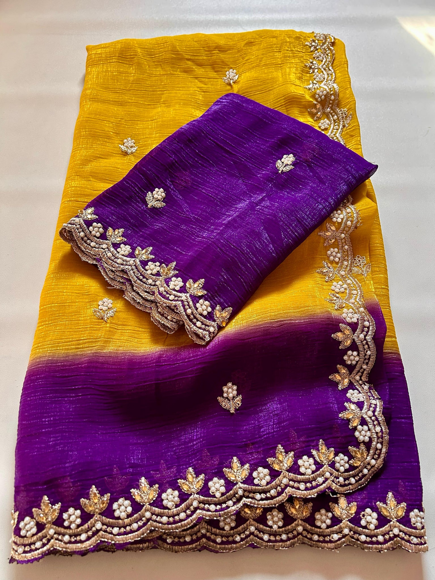 New Partywear Satin Chiffon Embroidery n Diamond Work Fancy Designer Saree With Blouse