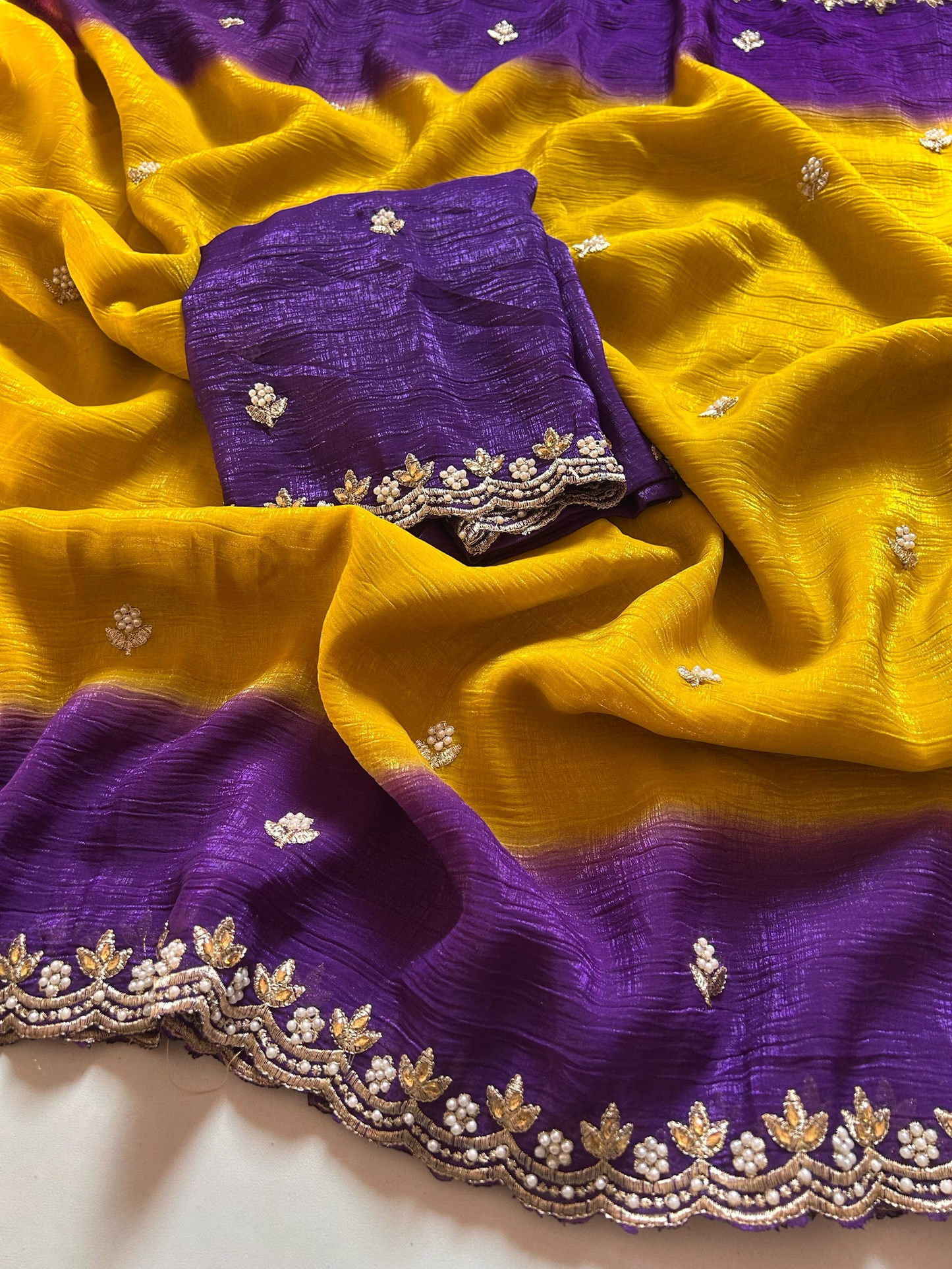New Partywear Satin Chiffon Embroidery n Diamond Work Fancy Designer Saree With Blouse