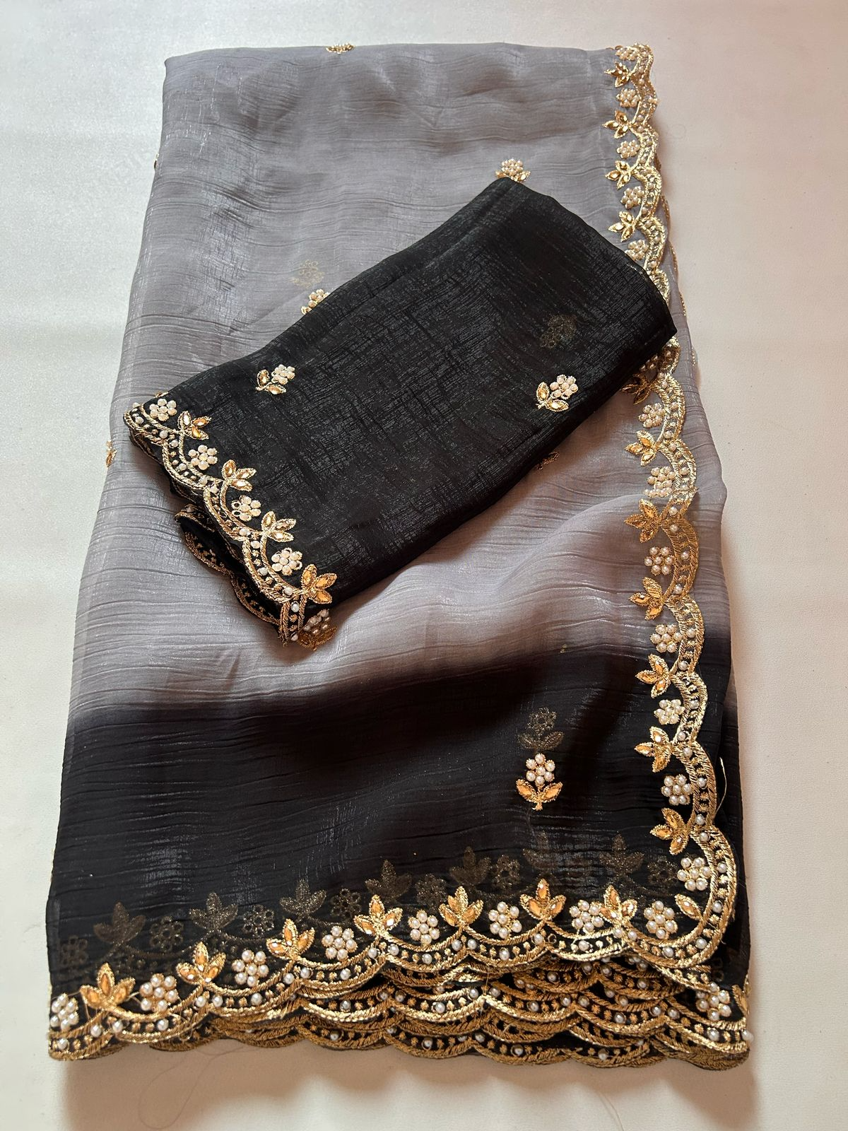 New Partywear Satin Chiffon Embroidery n Diamond Work Fancy Designer Saree With Blouse