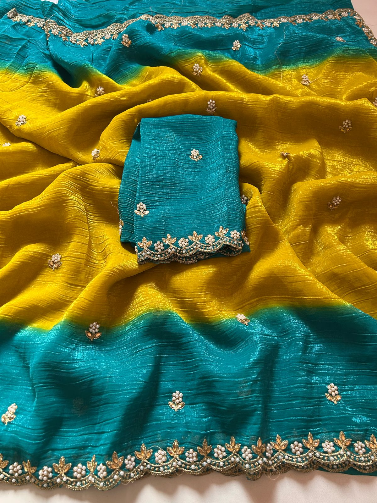 New Partywear Satin Chiffon Embroidery n Diamond Work Fancy Designer Saree With Blouse