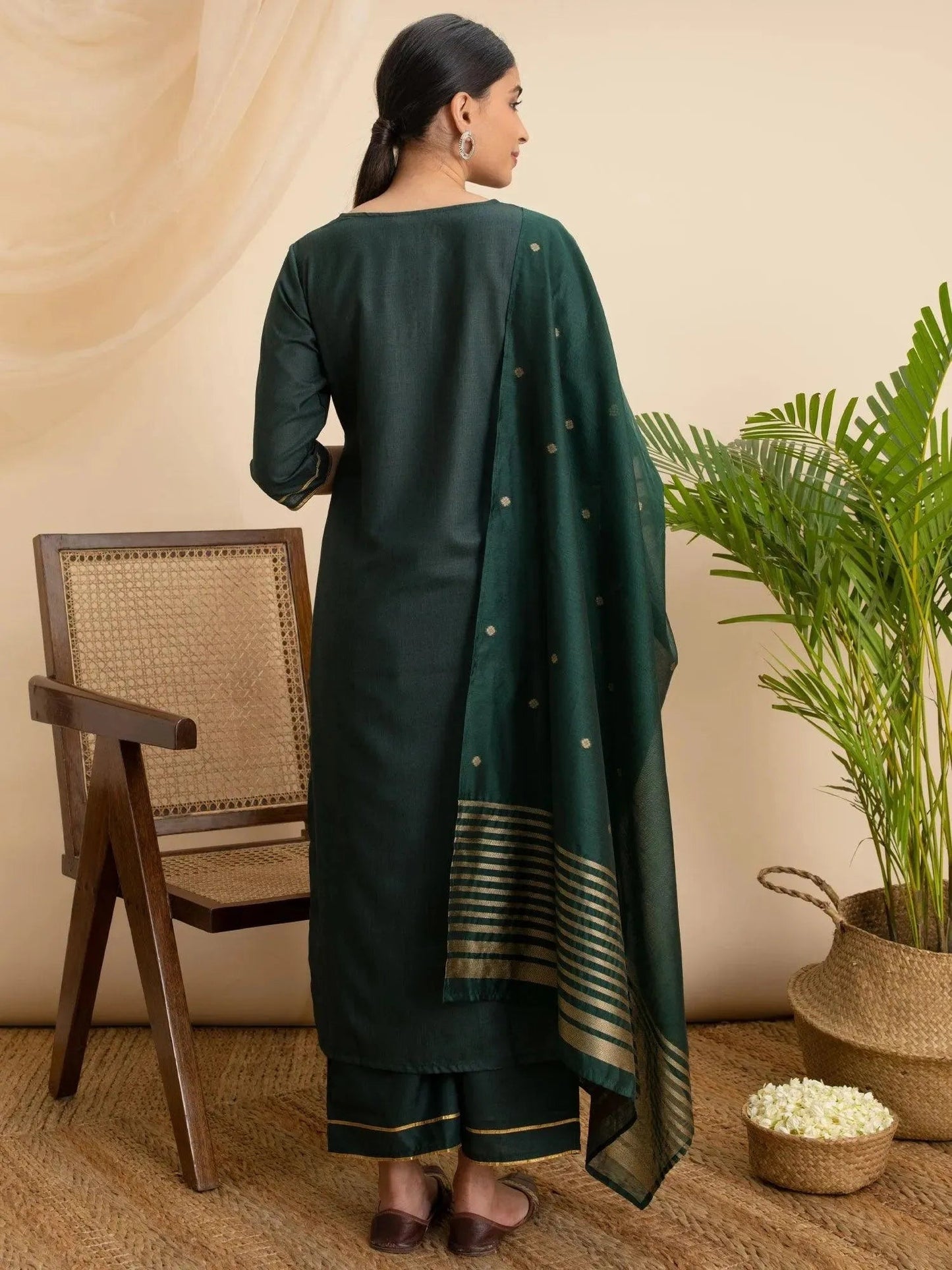 Green Solid Cotton Straight Kurta With Palazzos & Dupatta