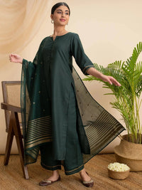 Green Solid Cotton Straight Kurta With Palazzos & Dupatta