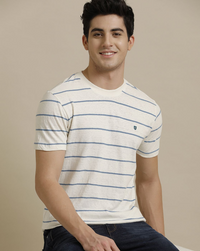 Men's Premium Blended Linen Blue Striped Contemporary Fit Half Sleeve Crew Neck Casual T-Shirt