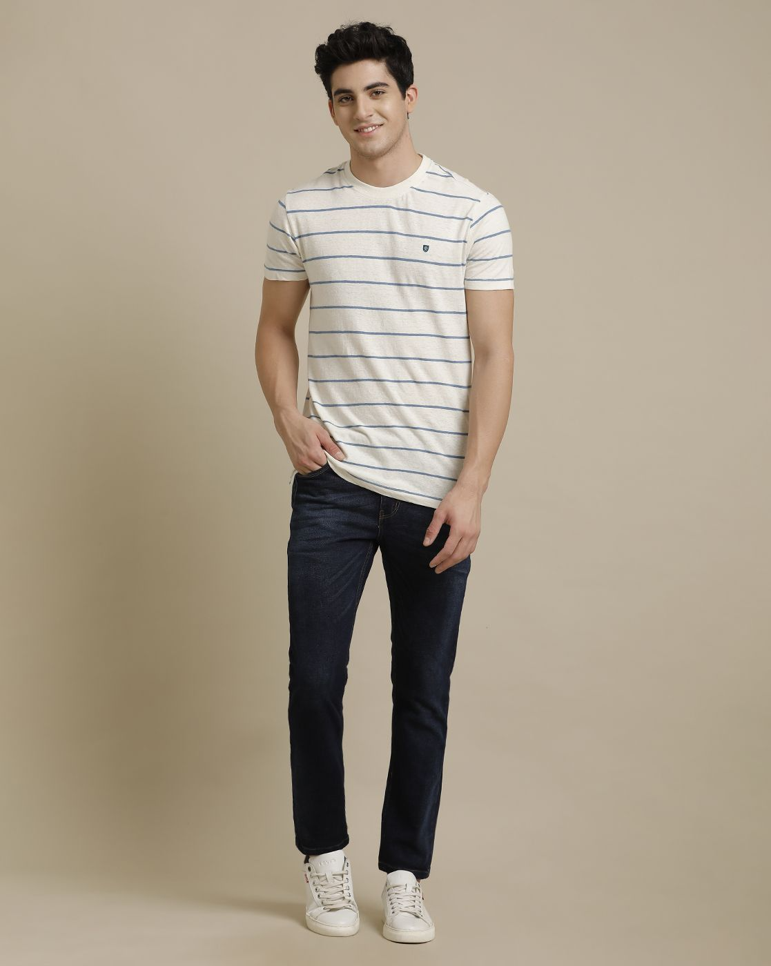 Men's Premium Blended Linen Blue Striped Contemporary Fit Half Sleeve Crew Neck Casual T-Shirt