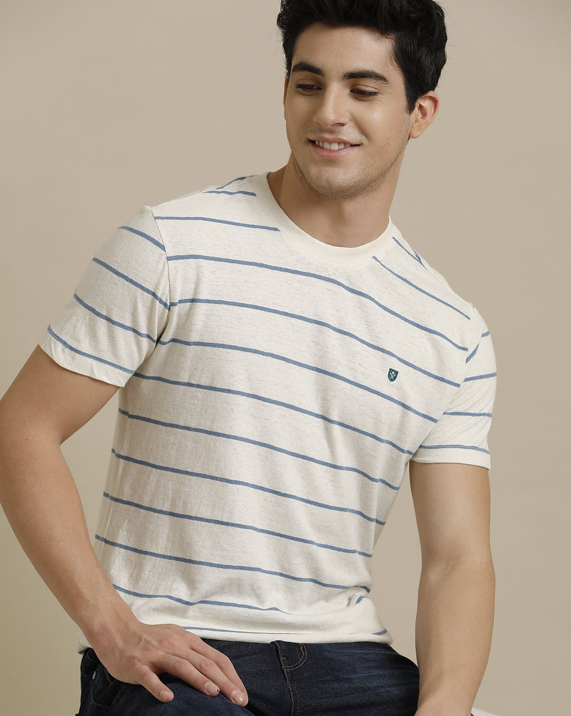 Men's Premium Blended Linen Blue Striped Contemporary Fit Half Sleeve Crew Neck Casual T-Shirt
