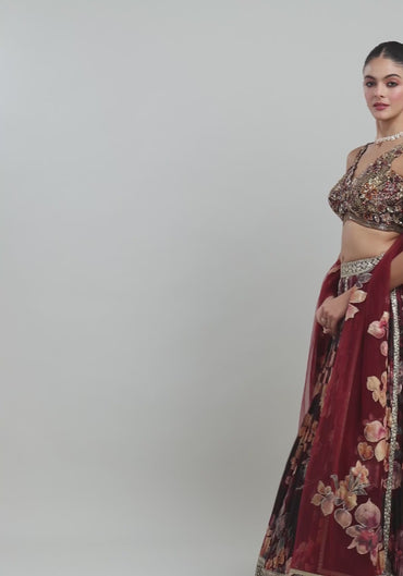 Elegant Maroon Net Lehenga